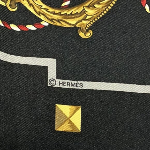 Auth HERMES Carre 90 - Black Dark yellow Bordeaux Scarf - Picture 2 of 5